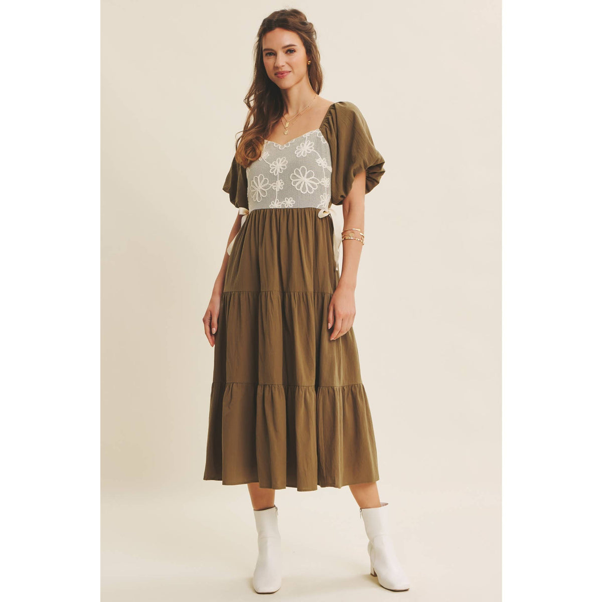 Rustic Bloom Crochet Cotton Midi Dress