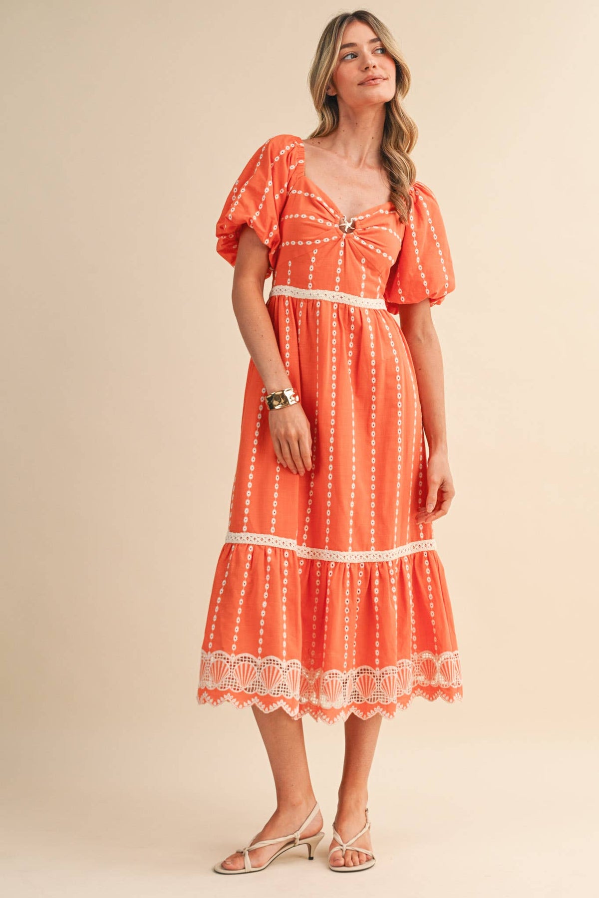 Embroidered Eyelet Seashell Hem Midi Dress
