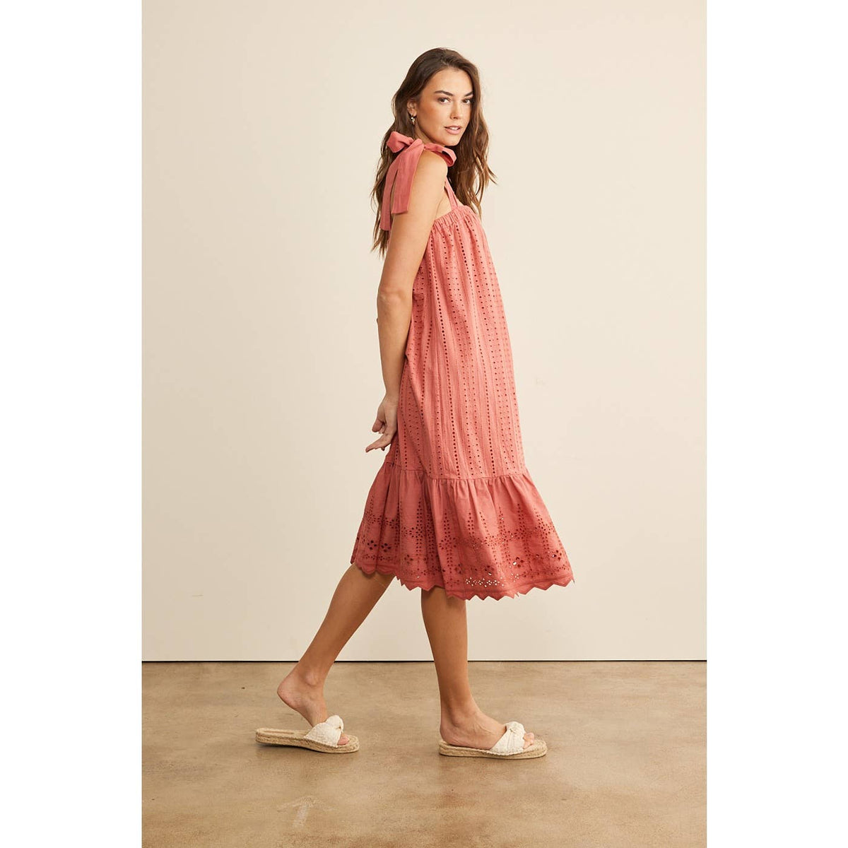 Cinnamon Eyelet Tie-Shoulder Midi Dress