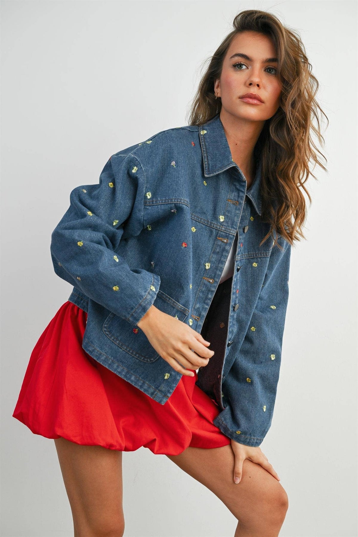 Embroidered Button-Front Denim Jacket