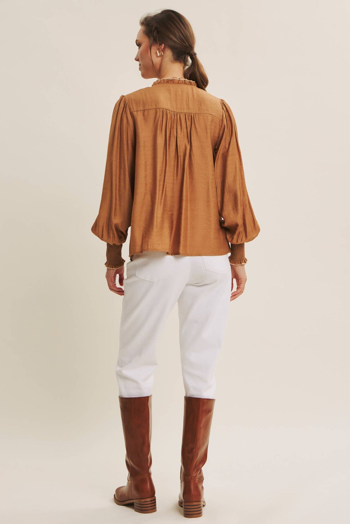 Caramel Ruffle High-Neck Blouse