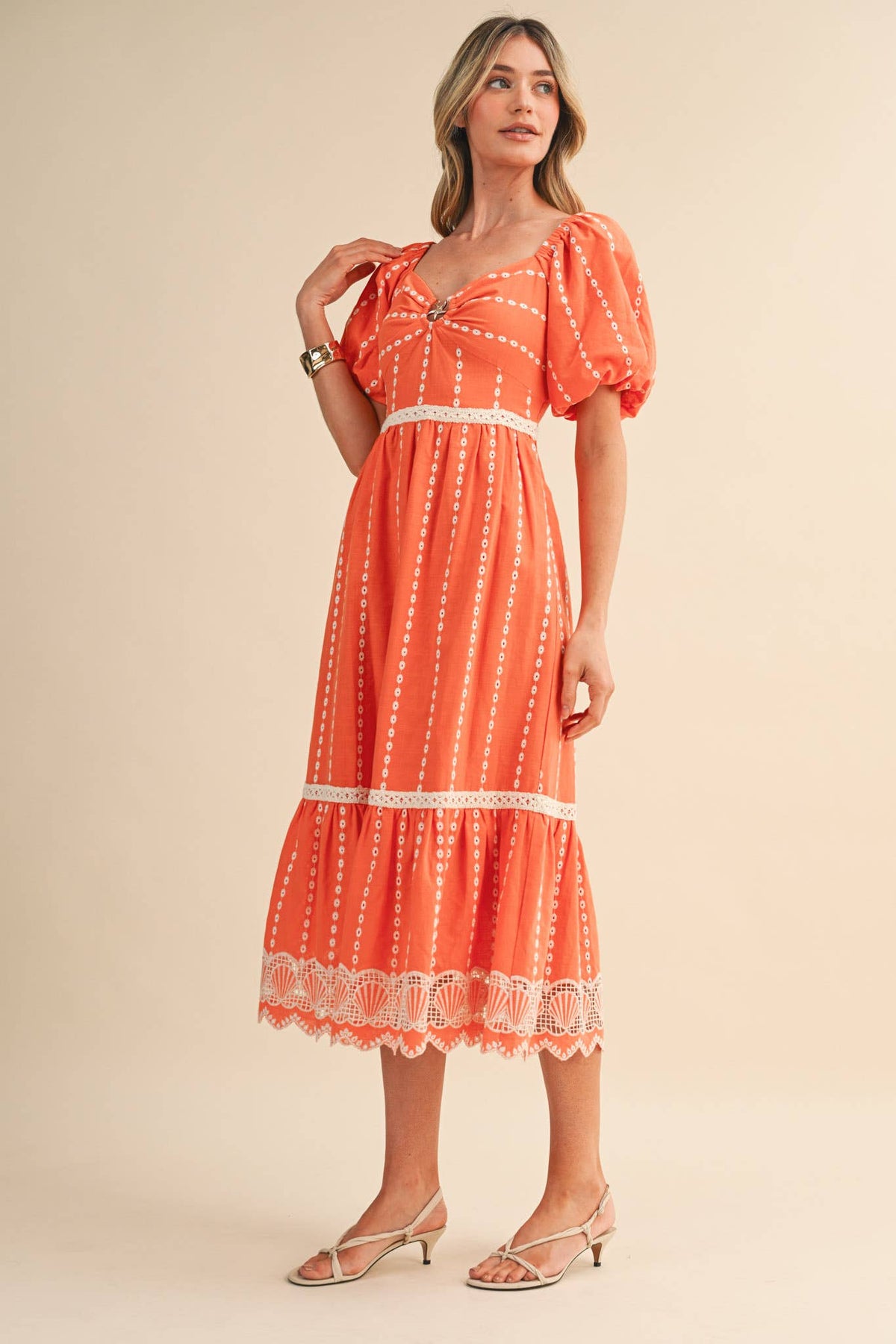 Embroidered Eyelet Seashell Hem Midi Dress