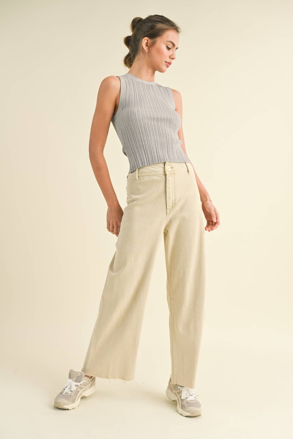 Ecru Straight Wide Leg Denim Pants