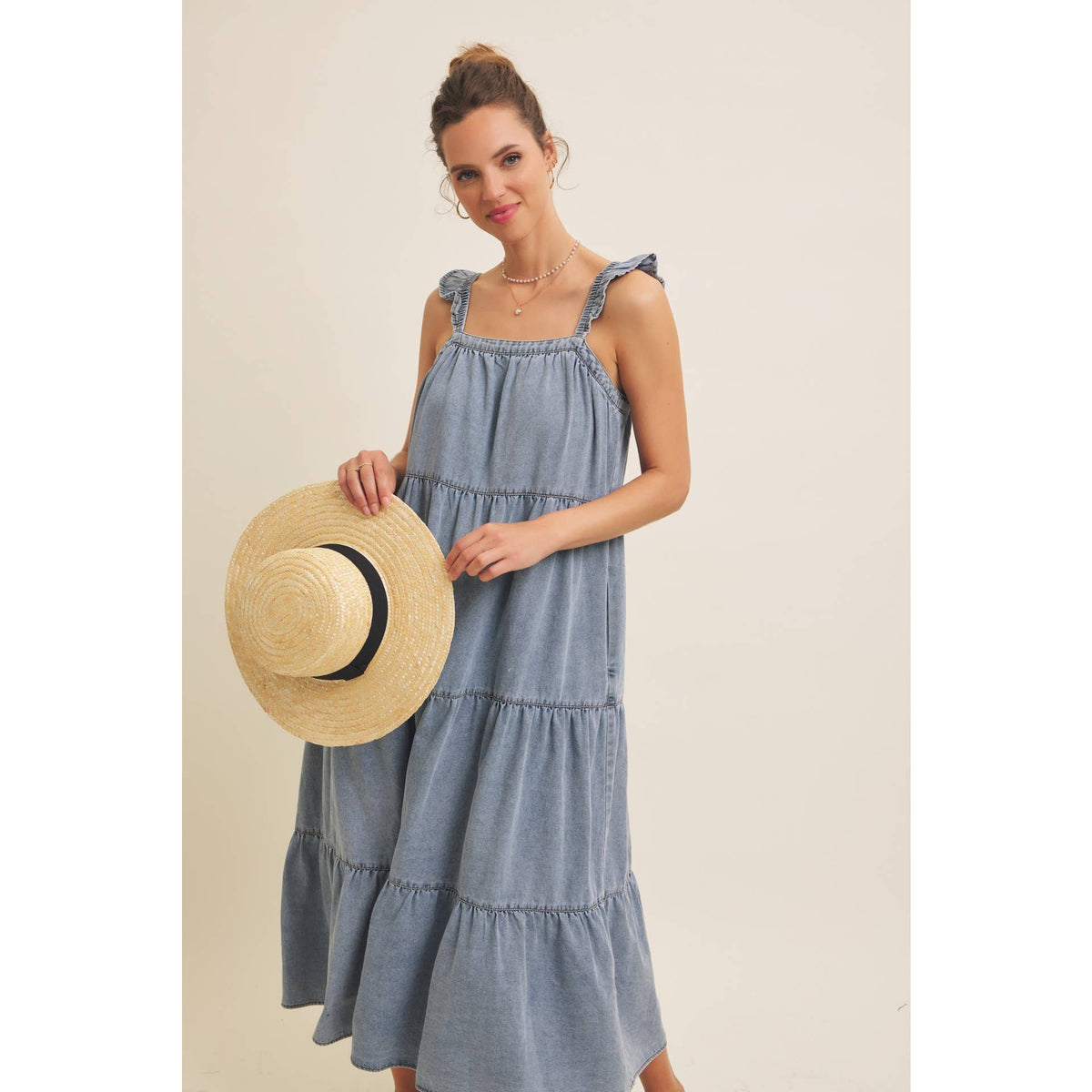 Washed Denim Ruffle Midi Dress