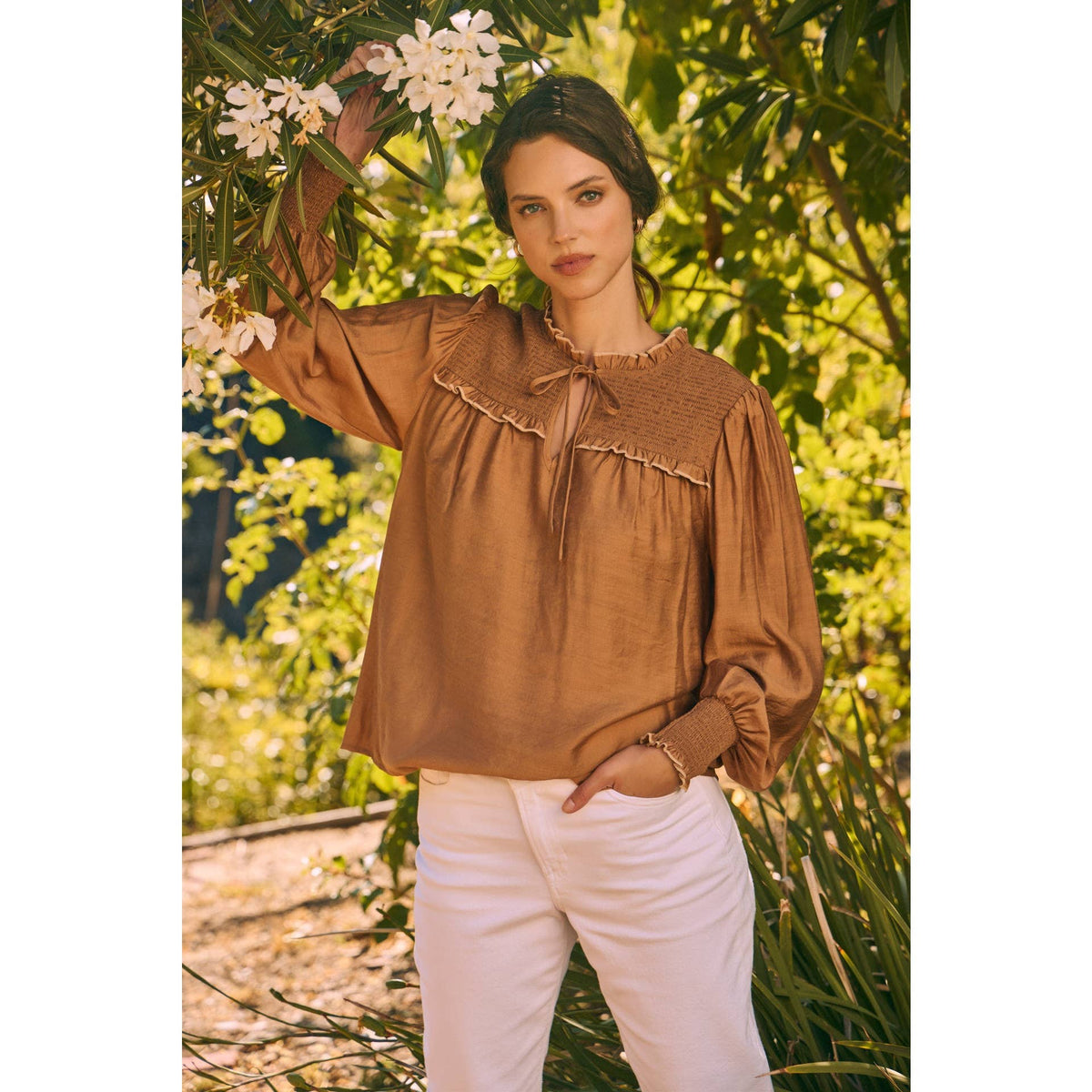 Caramel Ruffle High-Neck Blouse