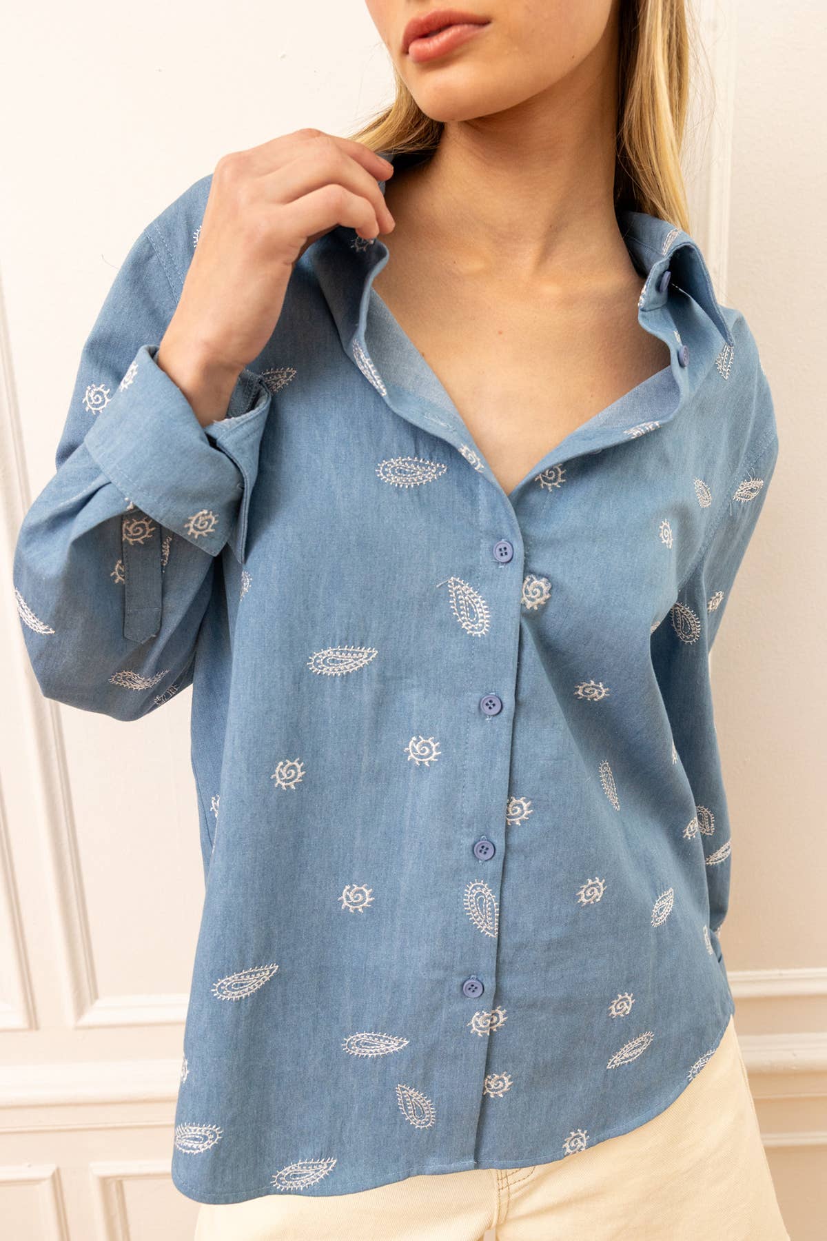 Paisley Embroidered Denim Button Shirt