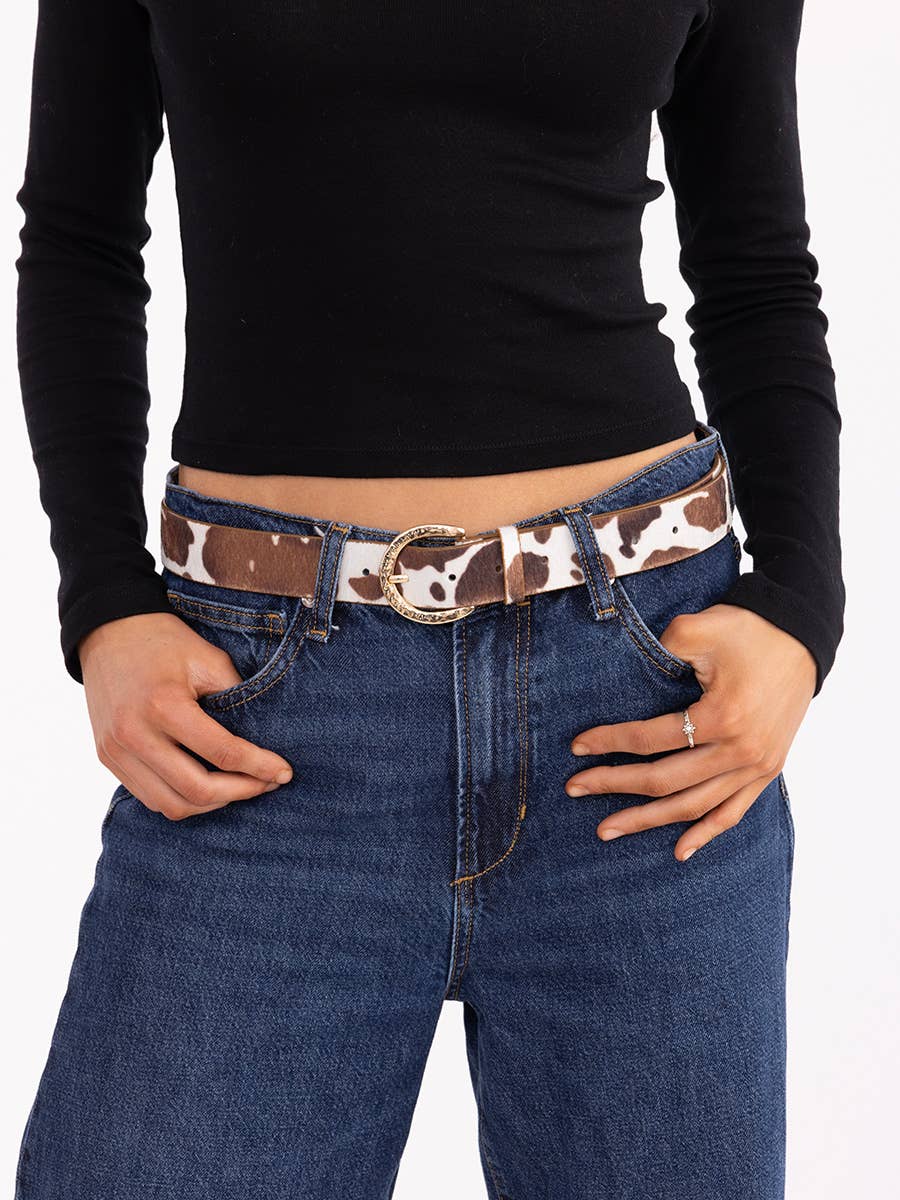 Cow Print Gold Buckle Belt