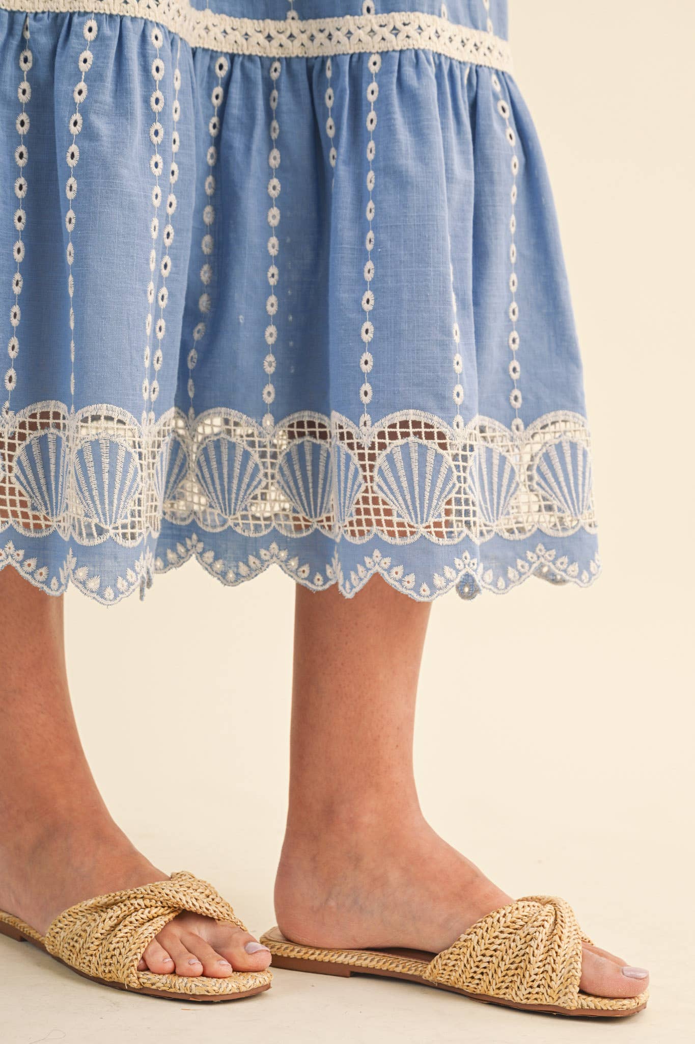 Embroidered Eyelet Seashell Hem Midi Dress