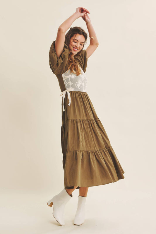Rustic Bloom Crochet Cotton Midi Dress