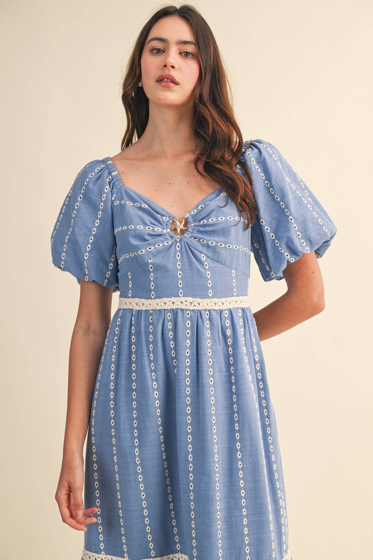 Embroidered Eyelet Seashell Hem Midi Dress