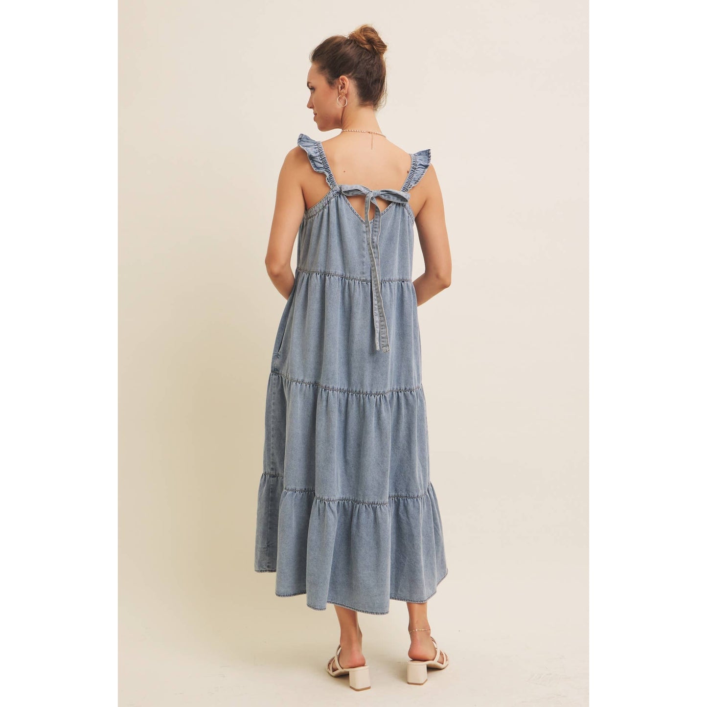 Washed Denim Ruffle Midi Dress