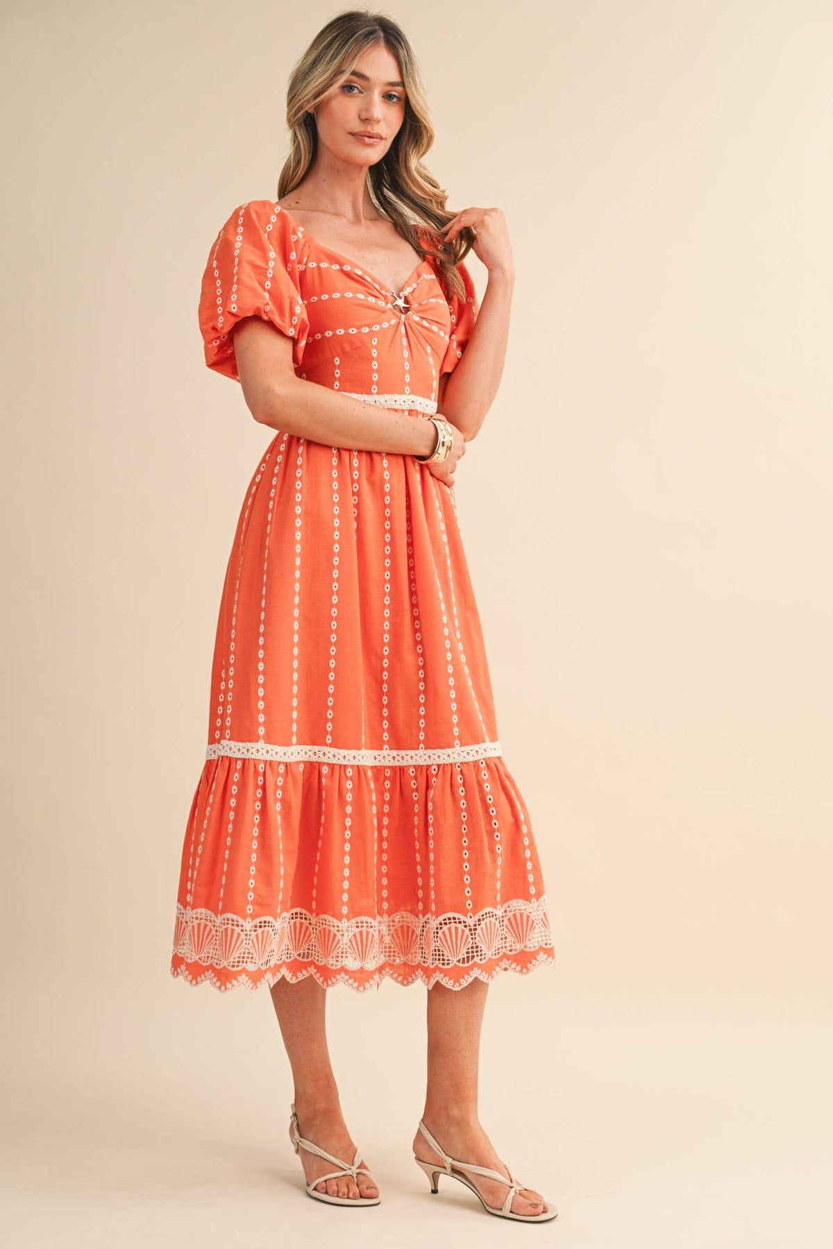 Embroidered Eyelet Seashell Hem Midi Dress