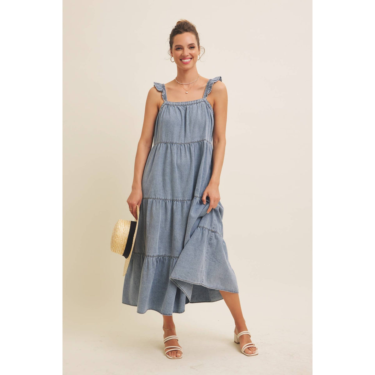 Washed Denim Ruffle Midi Dress