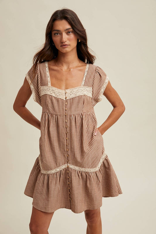 Striped Mini Dress with Lace Trim Detail