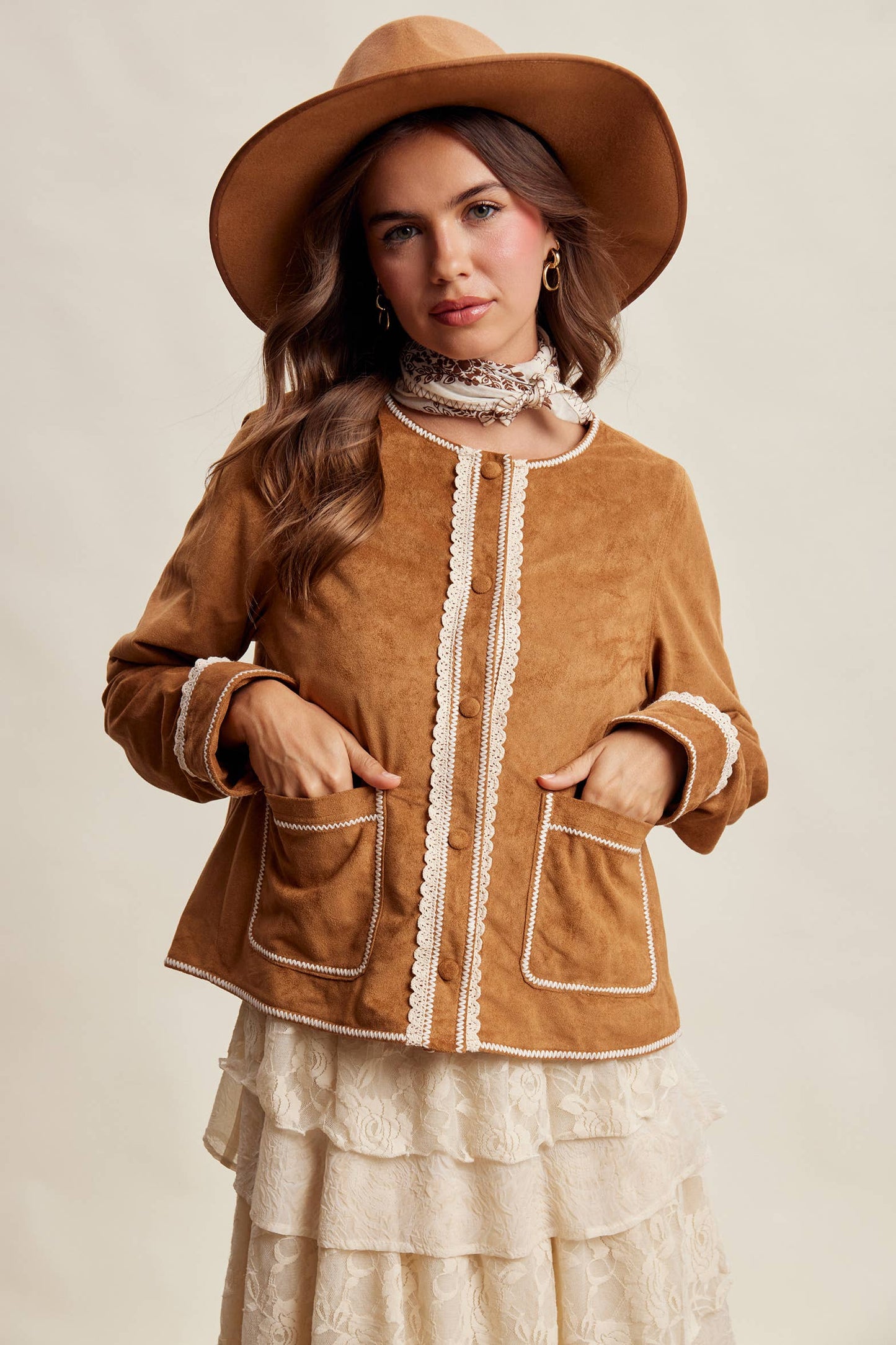 Scallop Trim Faux Suede Jacket