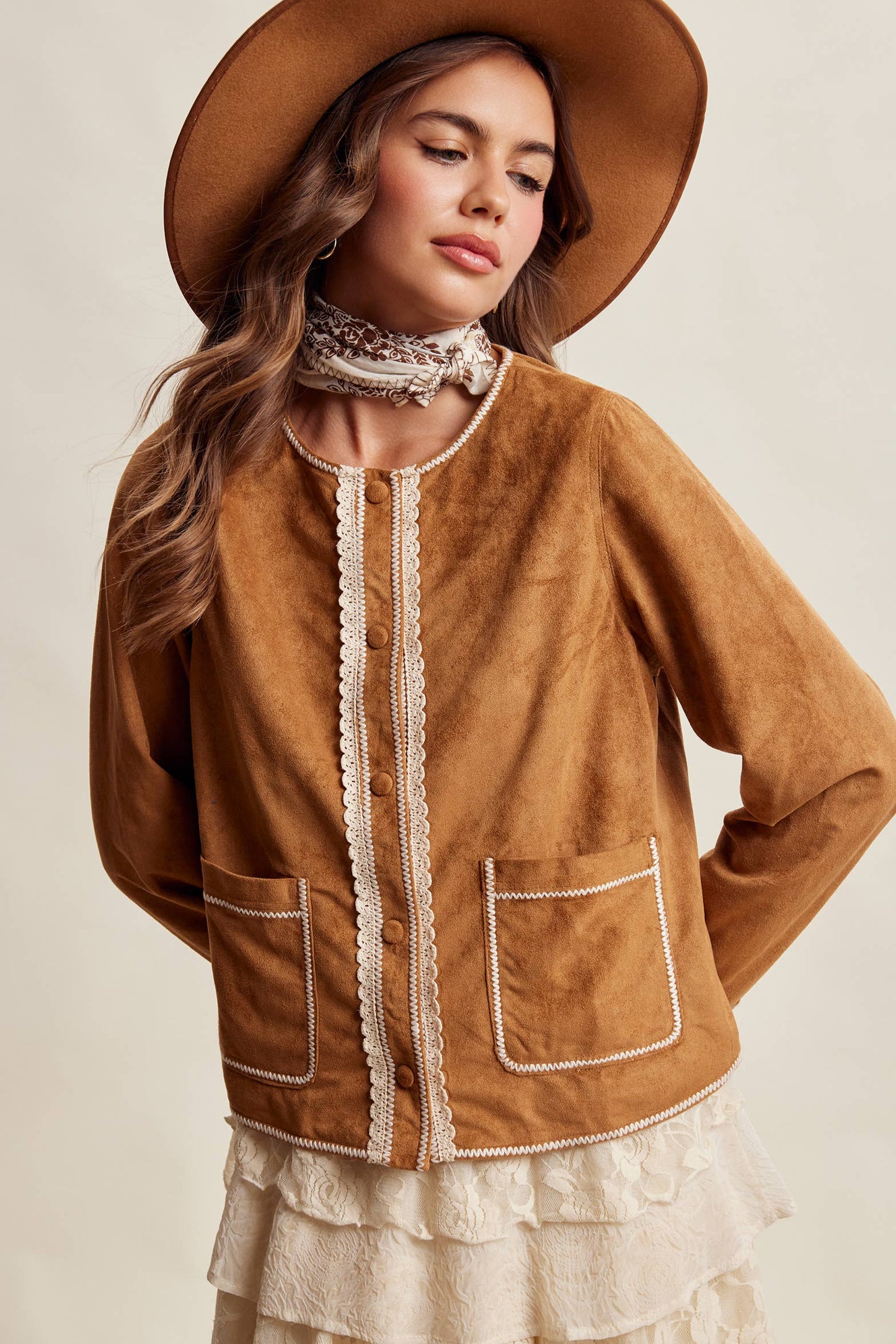 Scallop Trim Faux Suede Jacket
