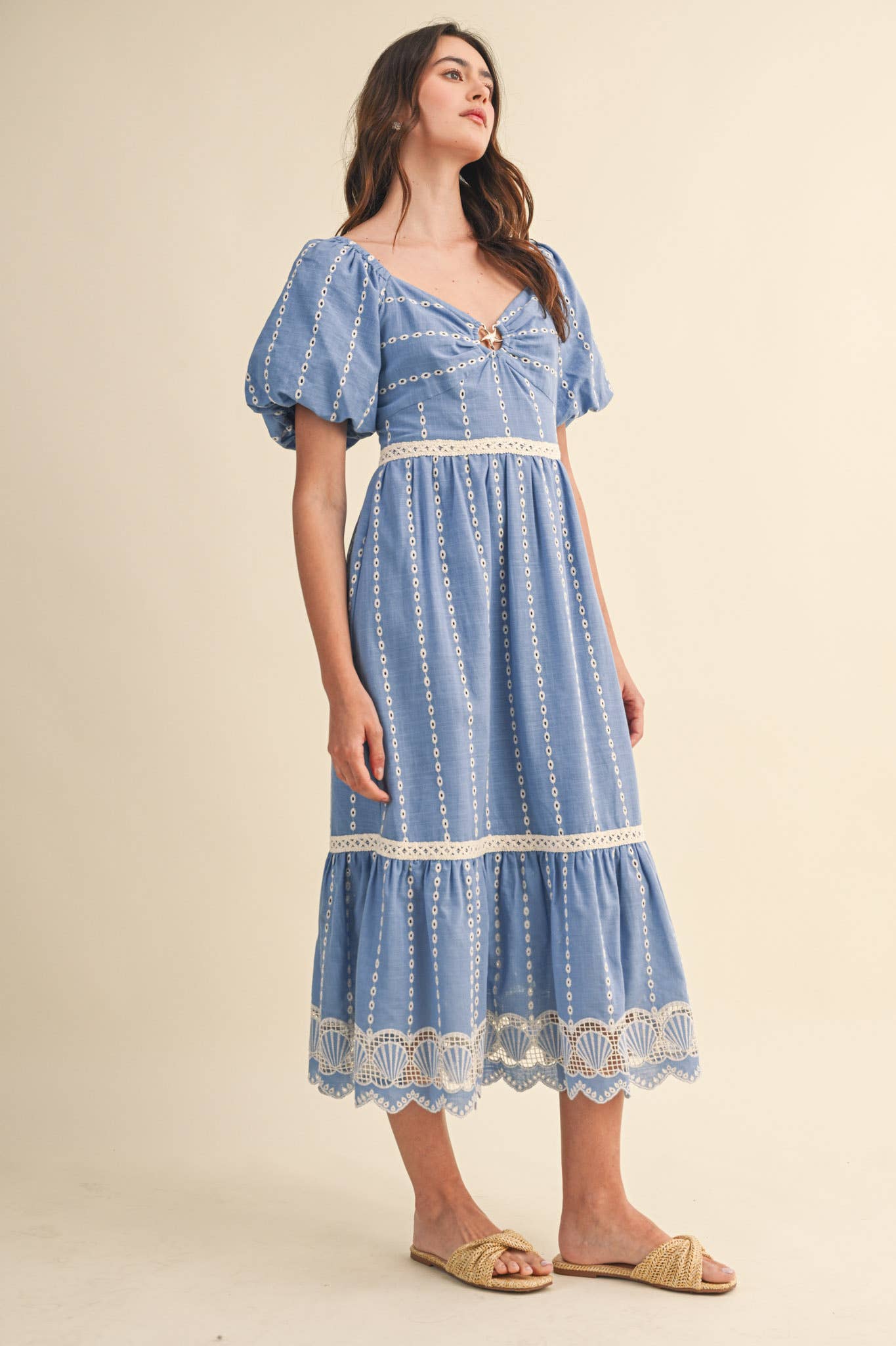 Embroidered Eyelet Seashell Hem Midi Dress