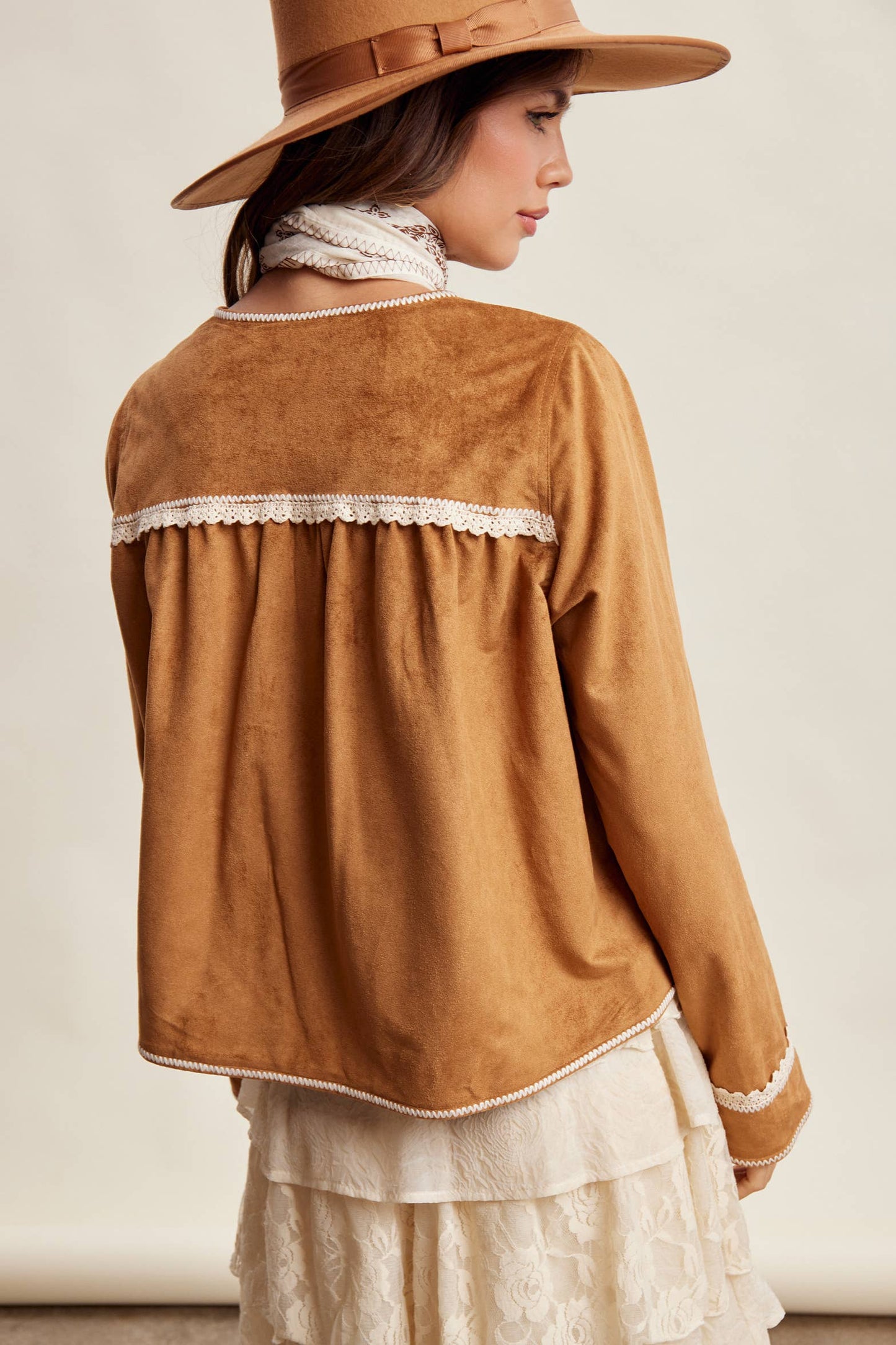 Scallop Trim Faux Suede Jacket