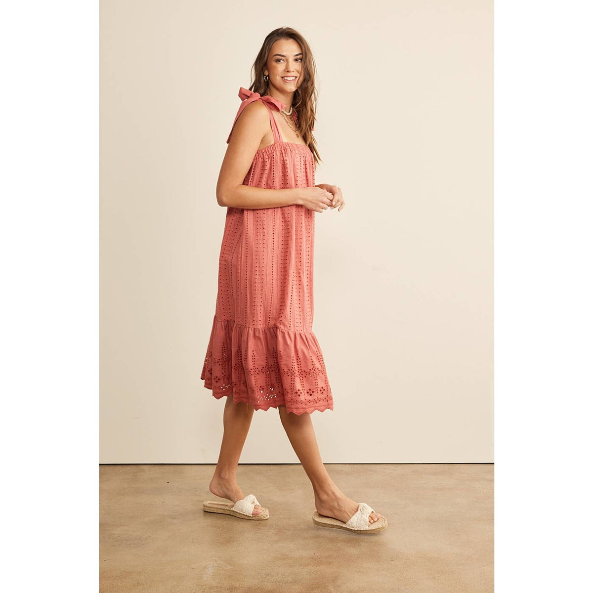 Cinnamon Eyelet Tie-Shoulder Midi Dress