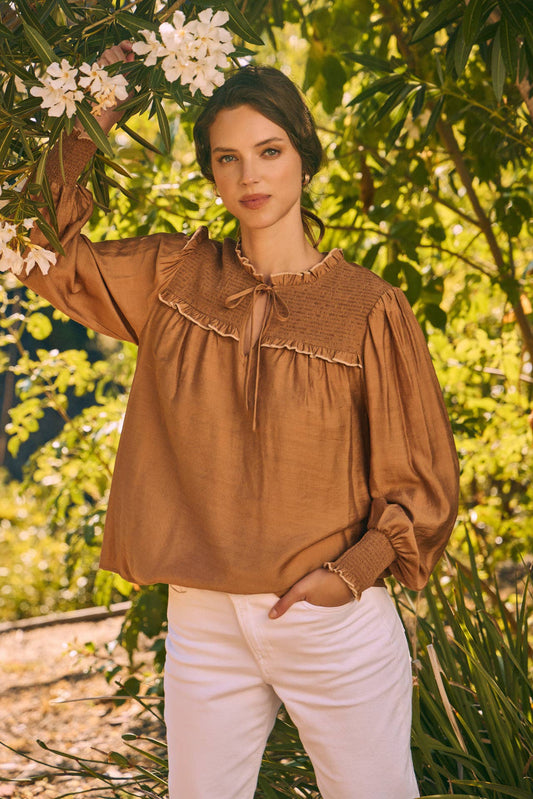 Caramel Ruffle High-Neck Blouse