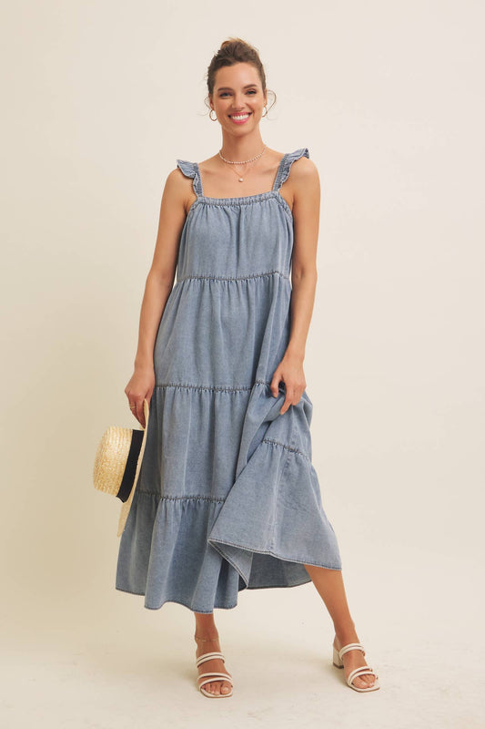 Washed Denim Ruffle Midi Dress
