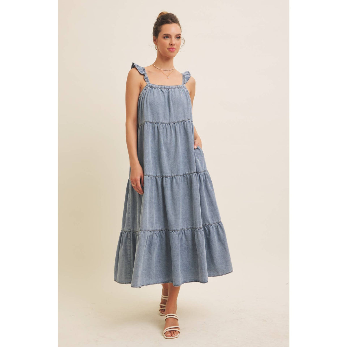 Washed Denim Ruffle Midi Dress