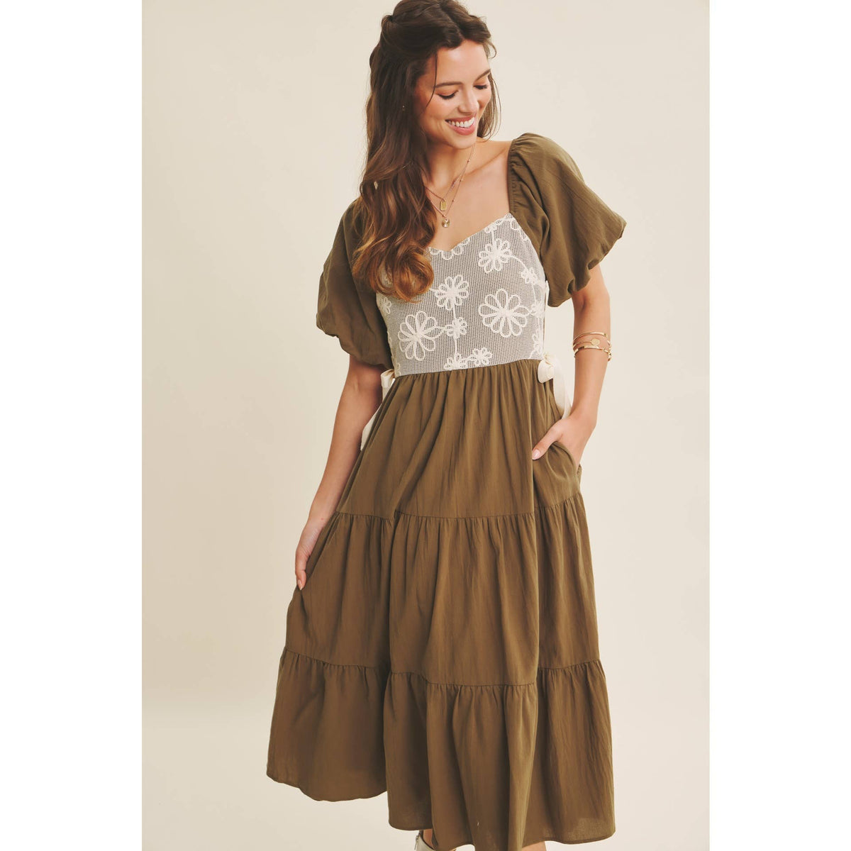 Rustic Bloom Crochet Cotton Midi Dress