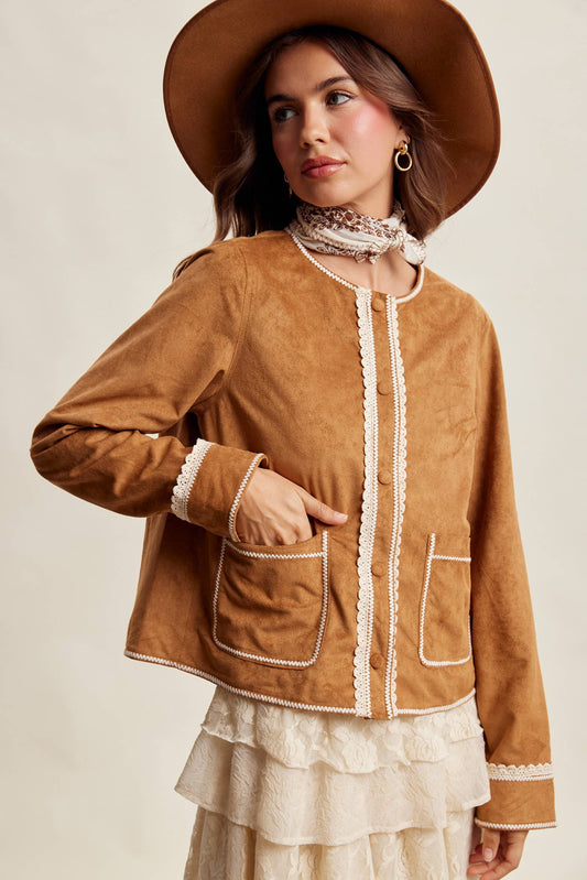 Scallop Trim Faux Suede Jacket