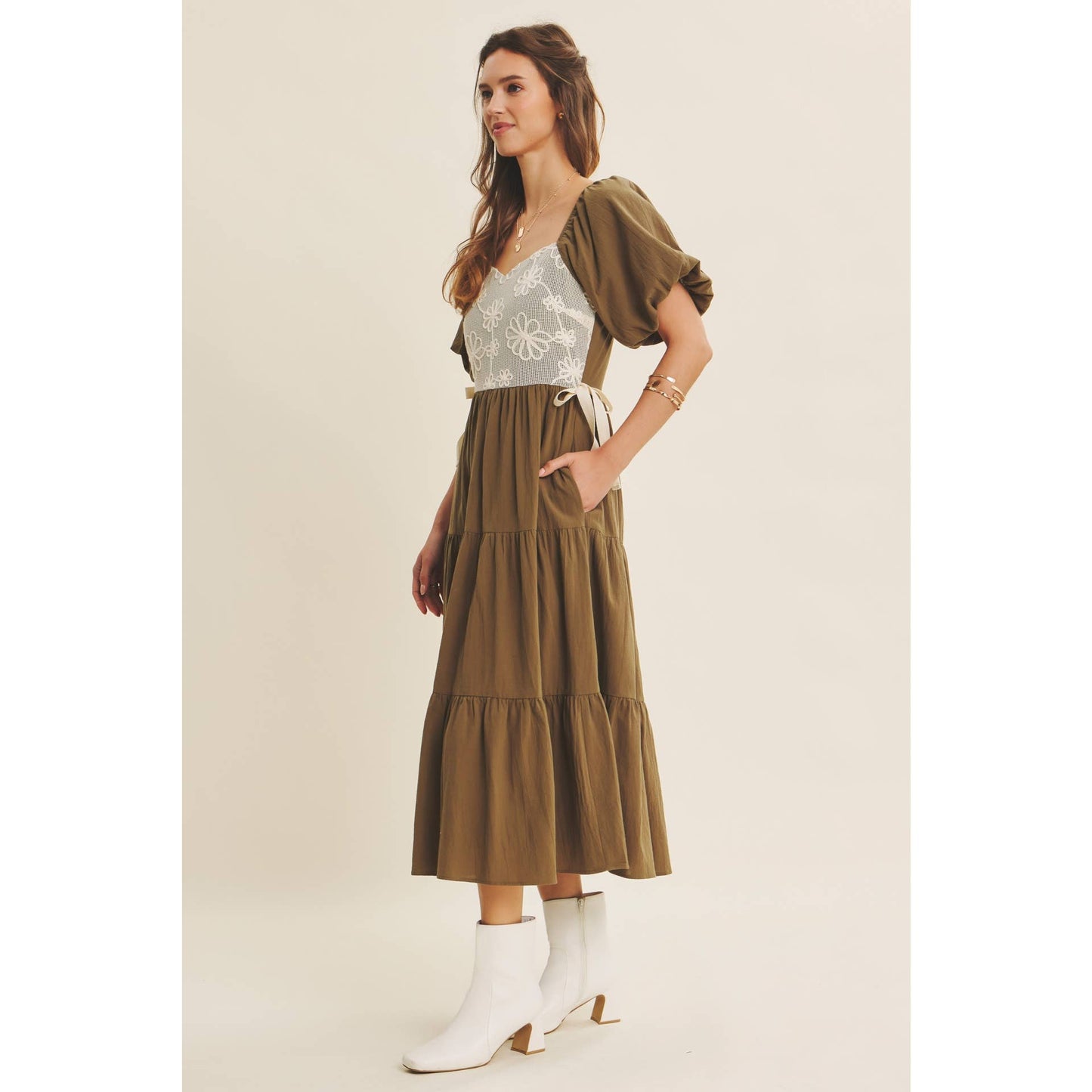 Rustic Bloom Crochet Cotton Midi Dress