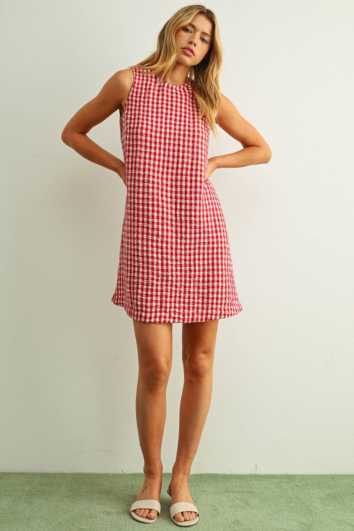 Gingham Pattern Open Back Mini Dress