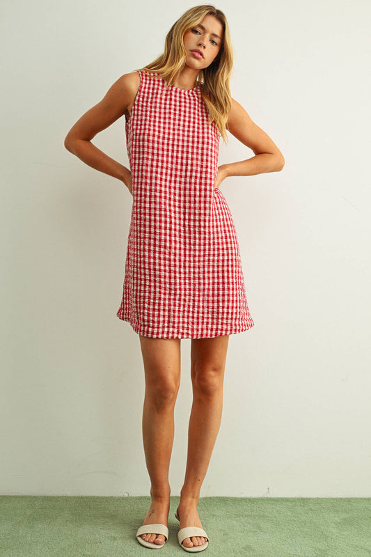 Gingham Pattern Open Back Mini Dress
