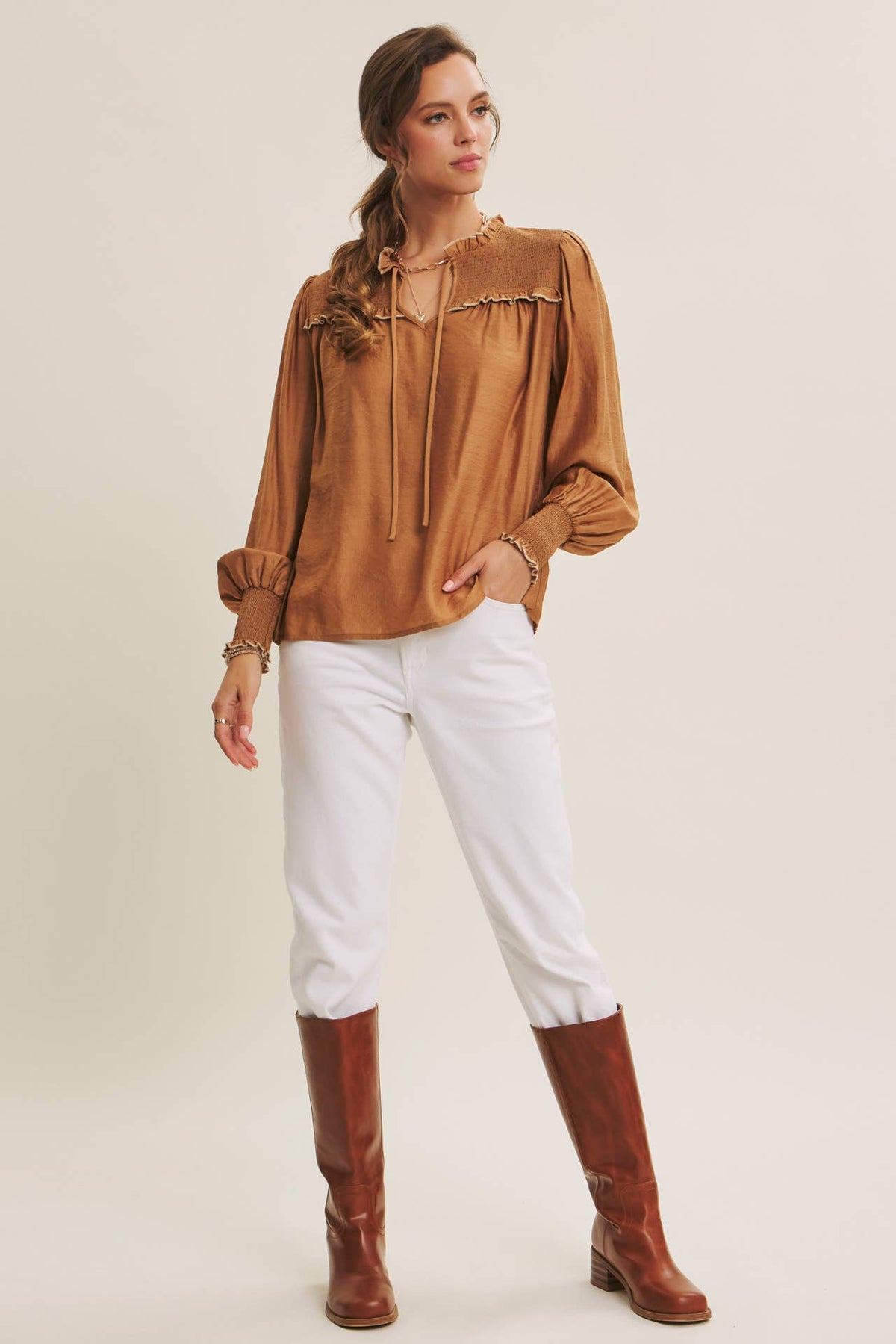 Caramel Ruffle High-Neck Blouse