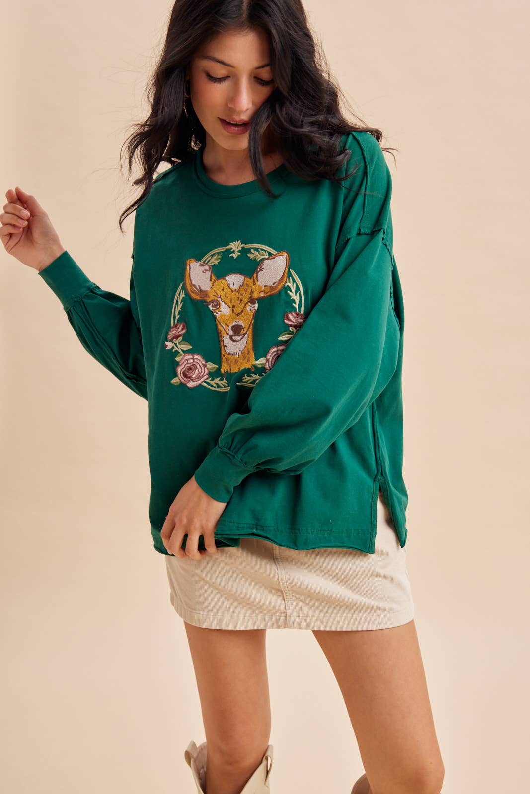 Deer Embroidery Pullover Top