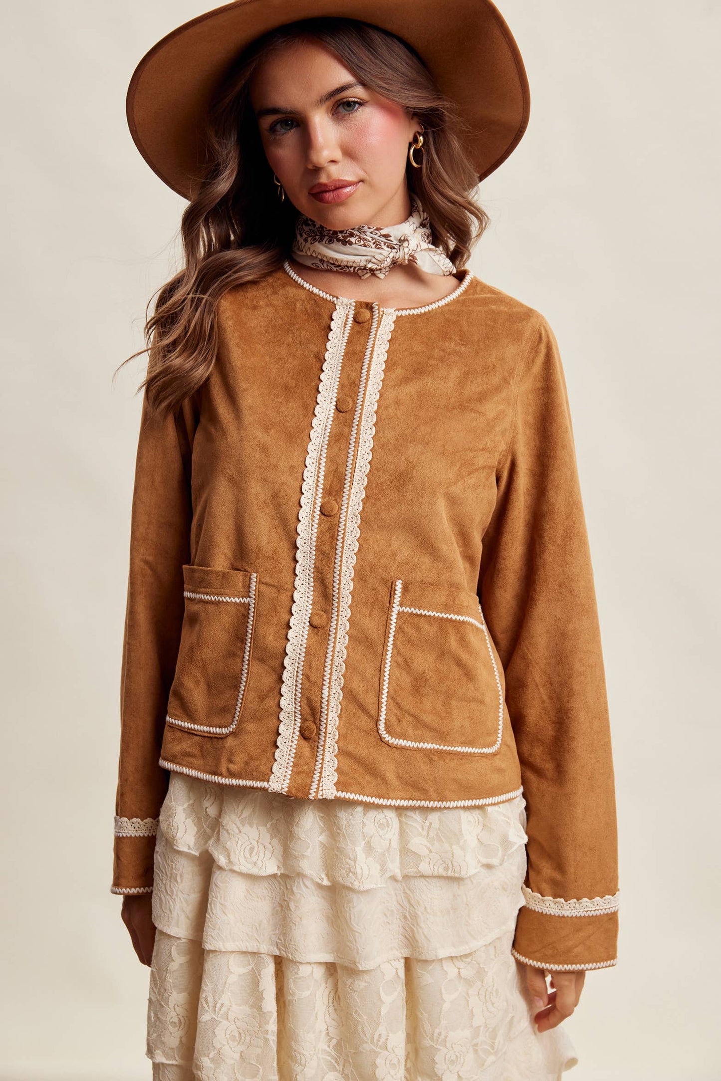 Scallop Trim Faux Suede Jacket