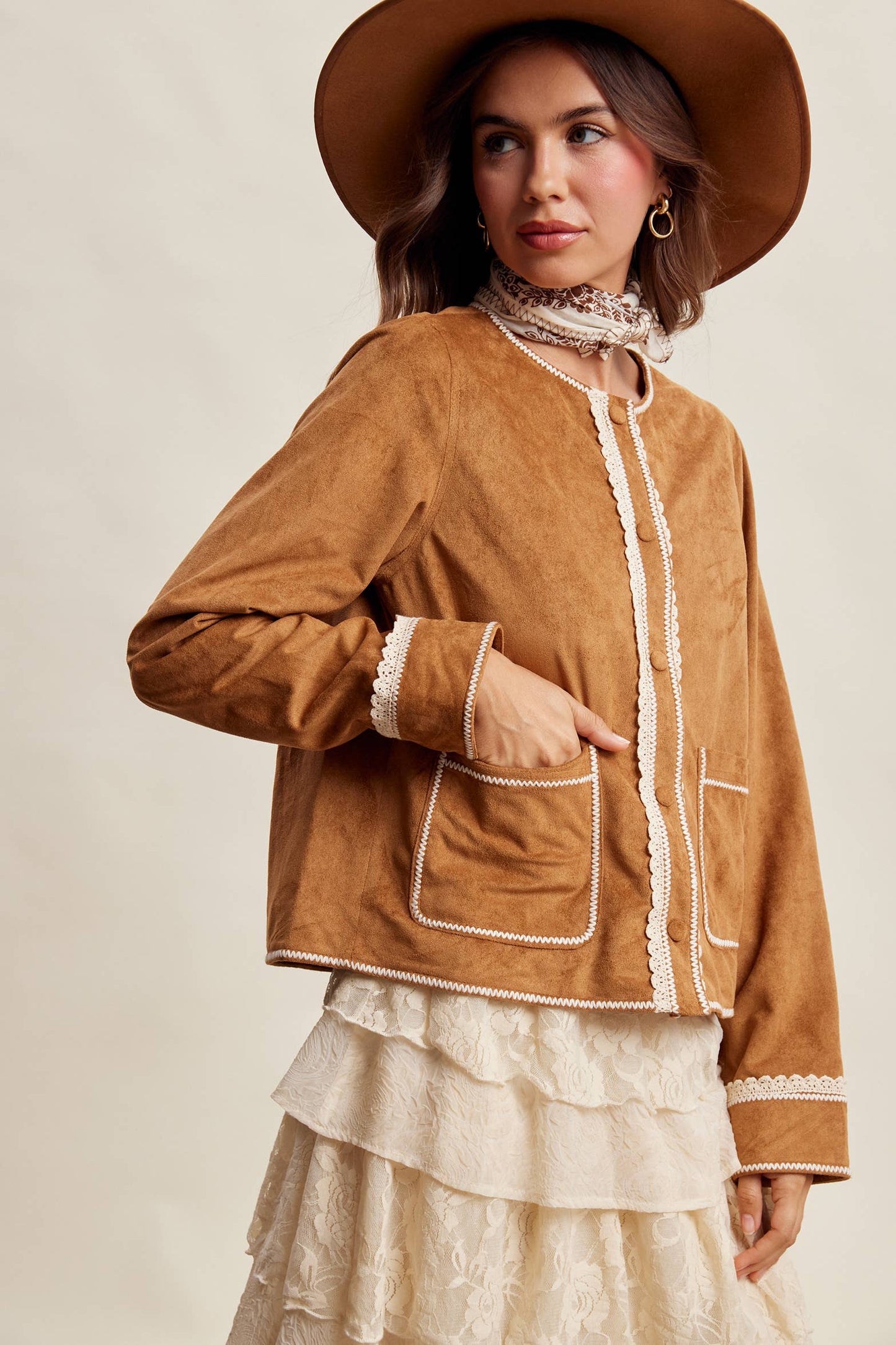Scallop Trim Faux Suede Jacket