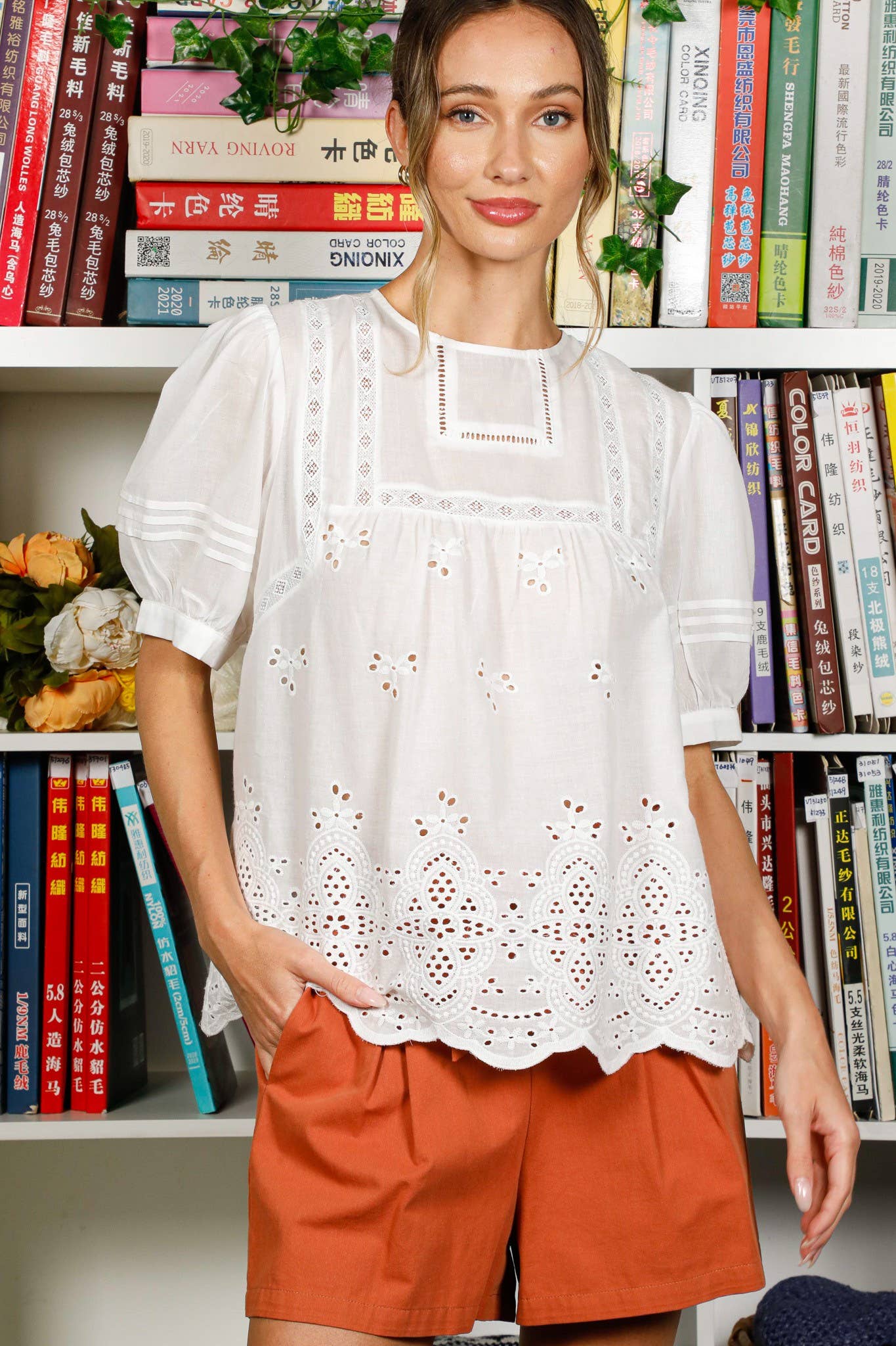 White Embroidered Eyelet Blouse