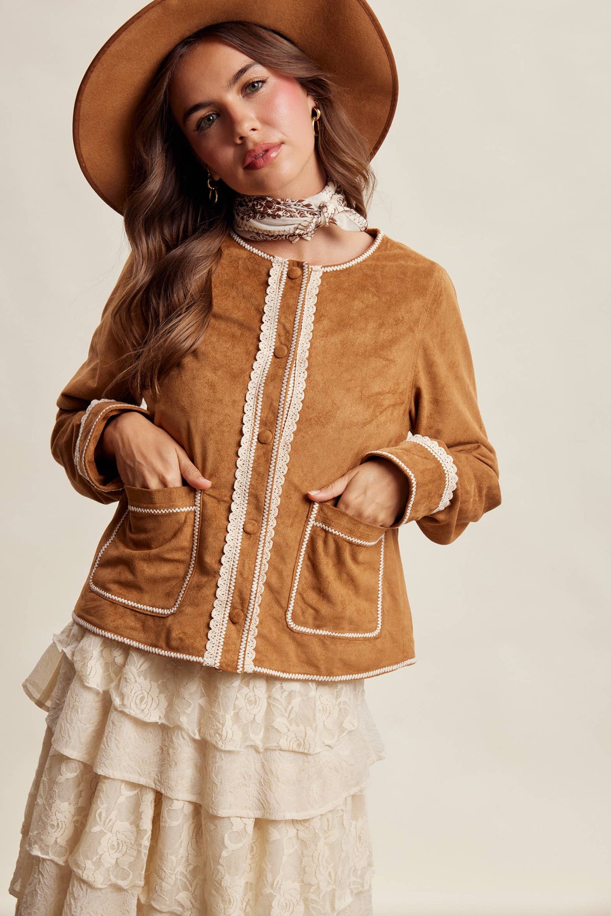 Scallop Trim Faux Suede Jacket