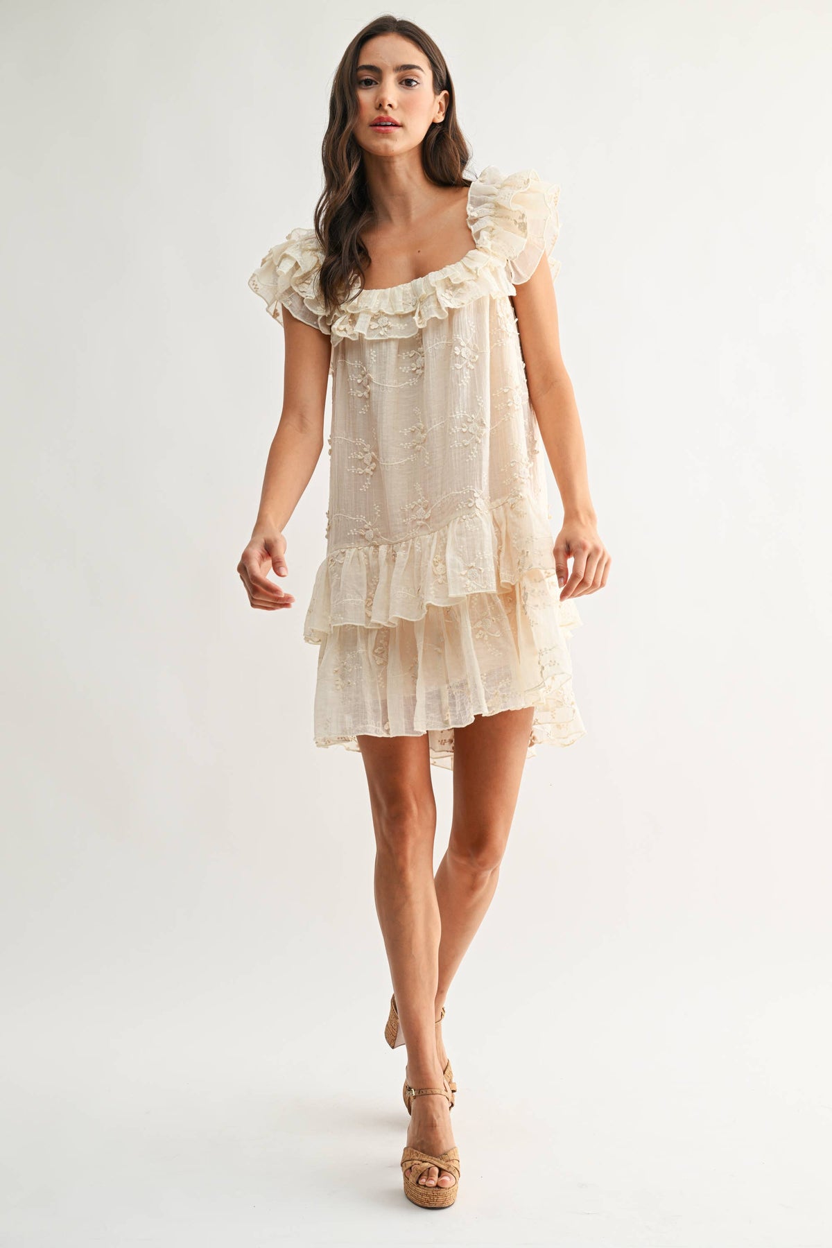 Ruffled Embroidered Tiered Dress