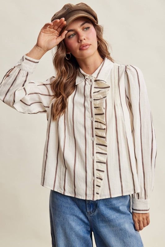 Embroidered Stripe Ruffle Blouse