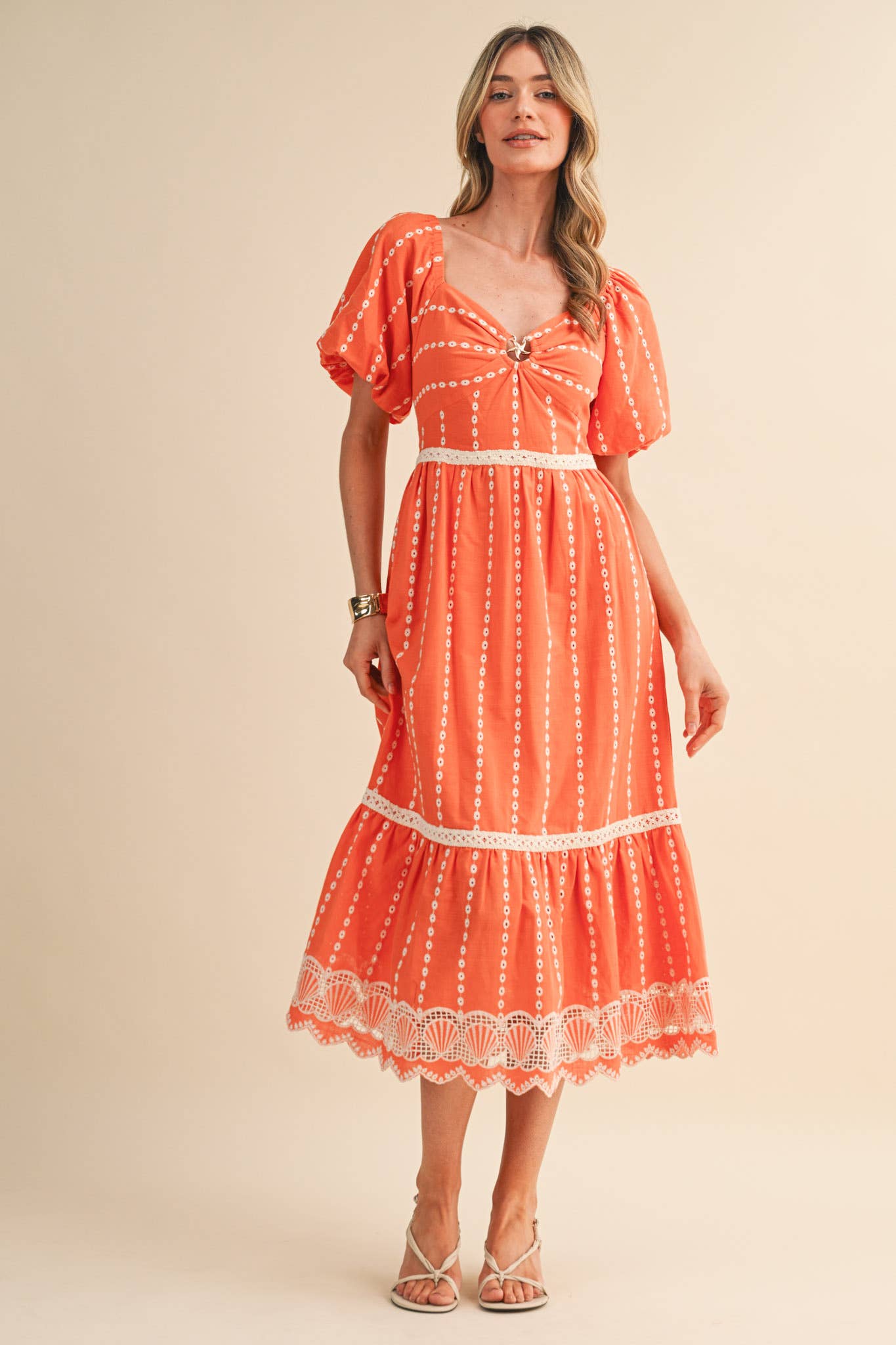 Embroidered Eyelet Seashell Hem Midi Dress