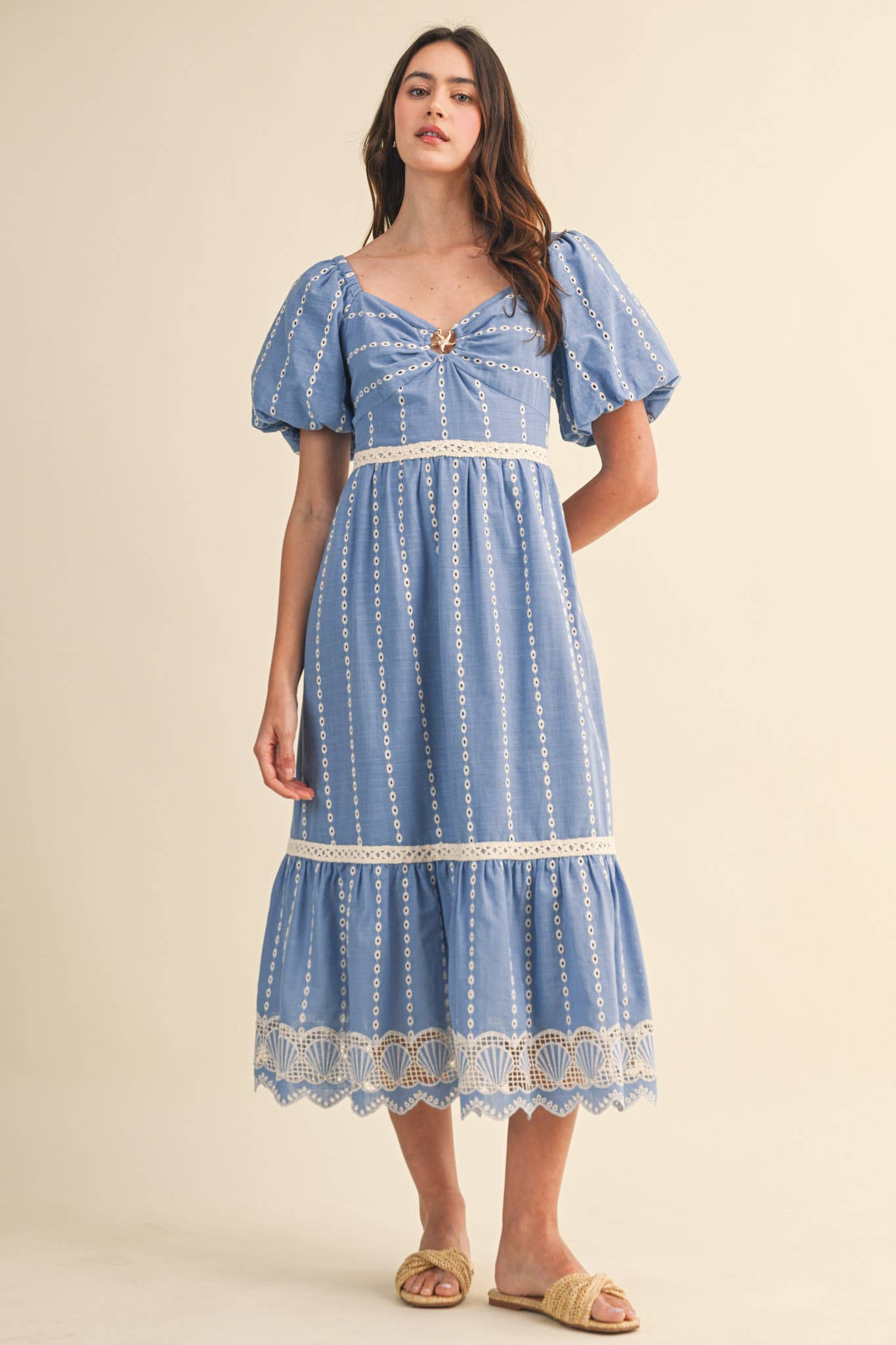 Embroidered Eyelet Seashell Hem Midi Dress