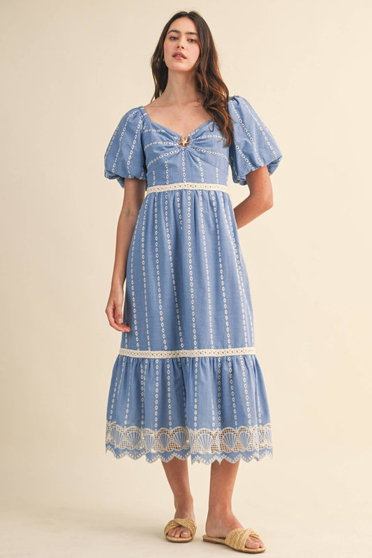 Embroidered Eyelet Seashell Hem Midi Dress