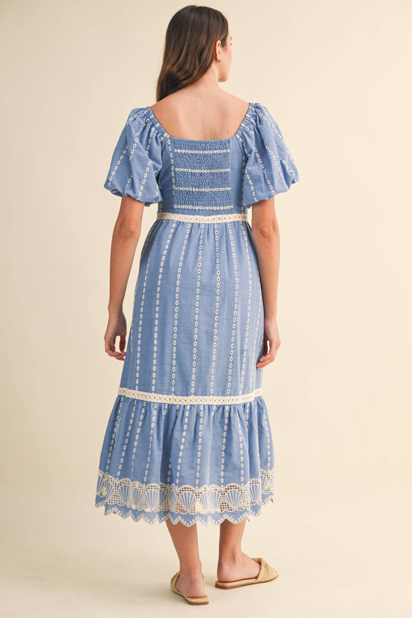 Embroidered Eyelet Seashell Hem Midi Dress