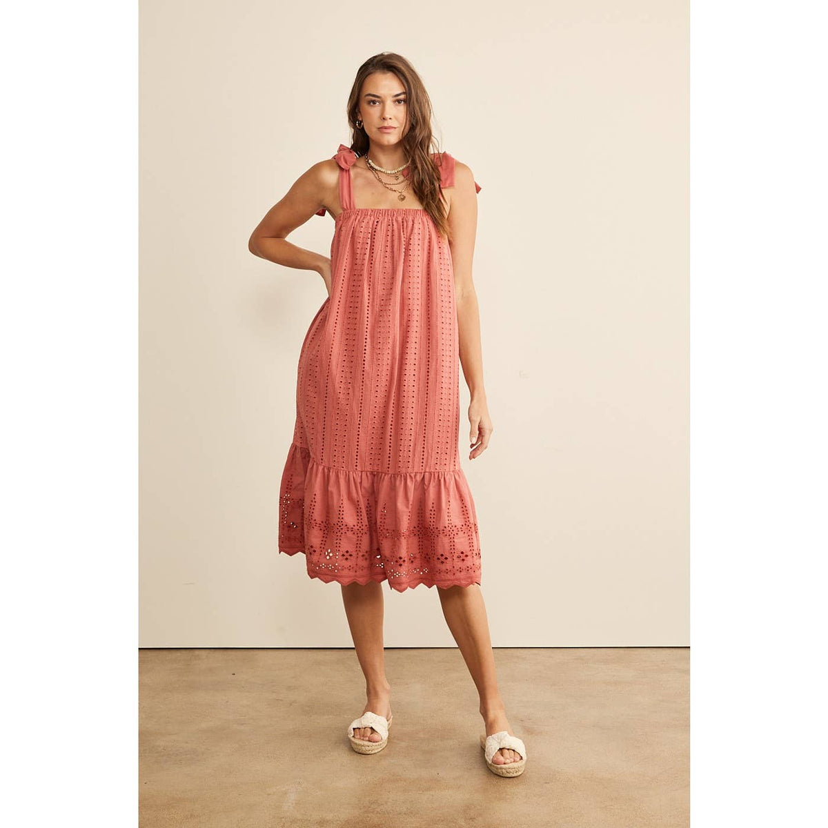 Cinnamon Eyelet Tie-Shoulder Midi Dress