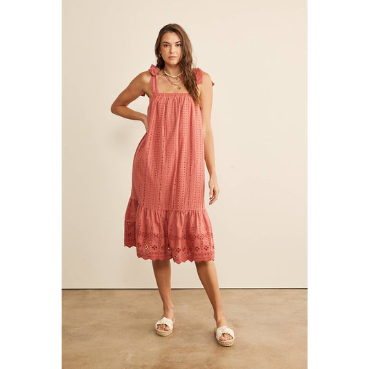Cinnamon Eyelet Tie-Shoulder Midi Dress