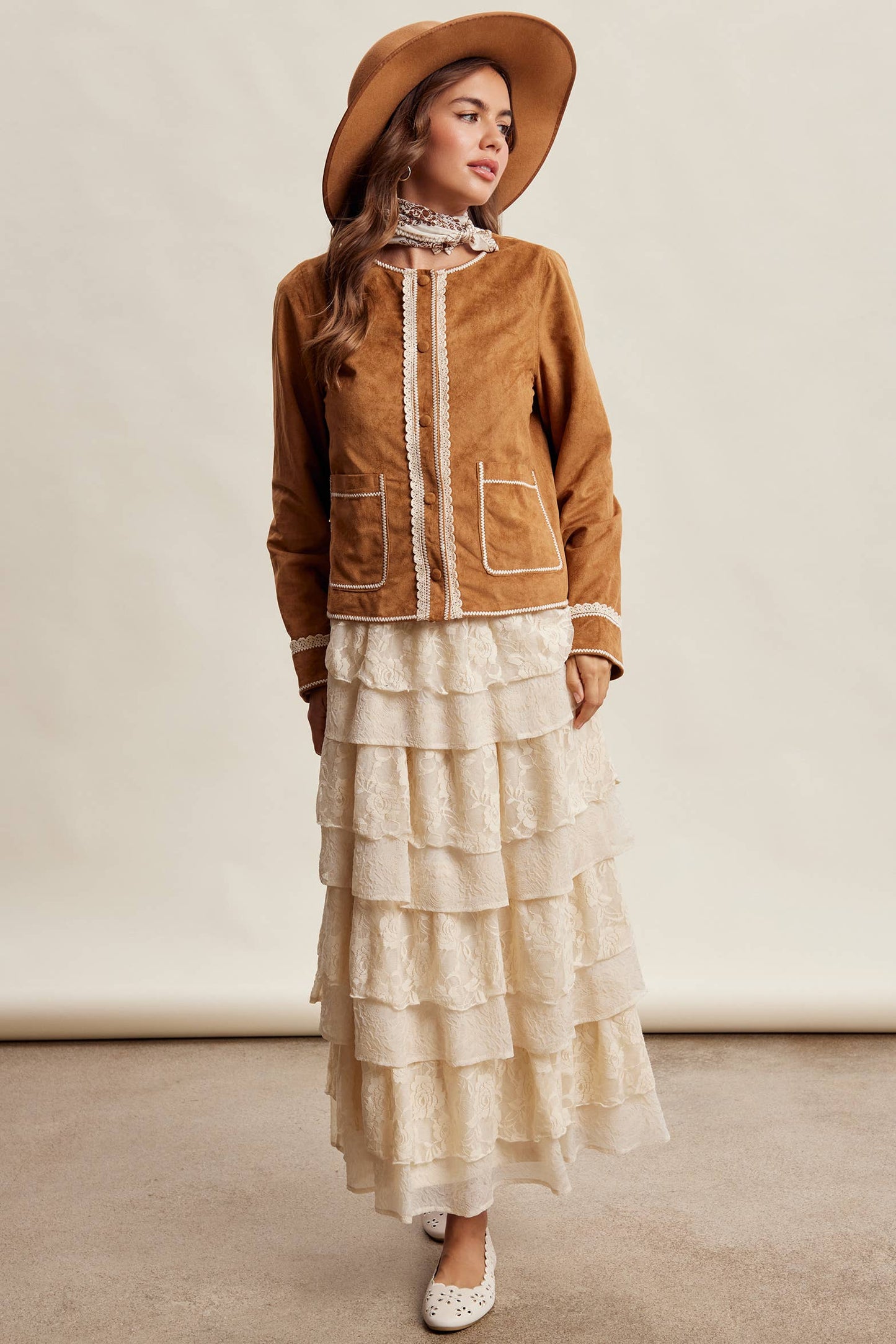 Scallop Trim Faux Suede Jacket