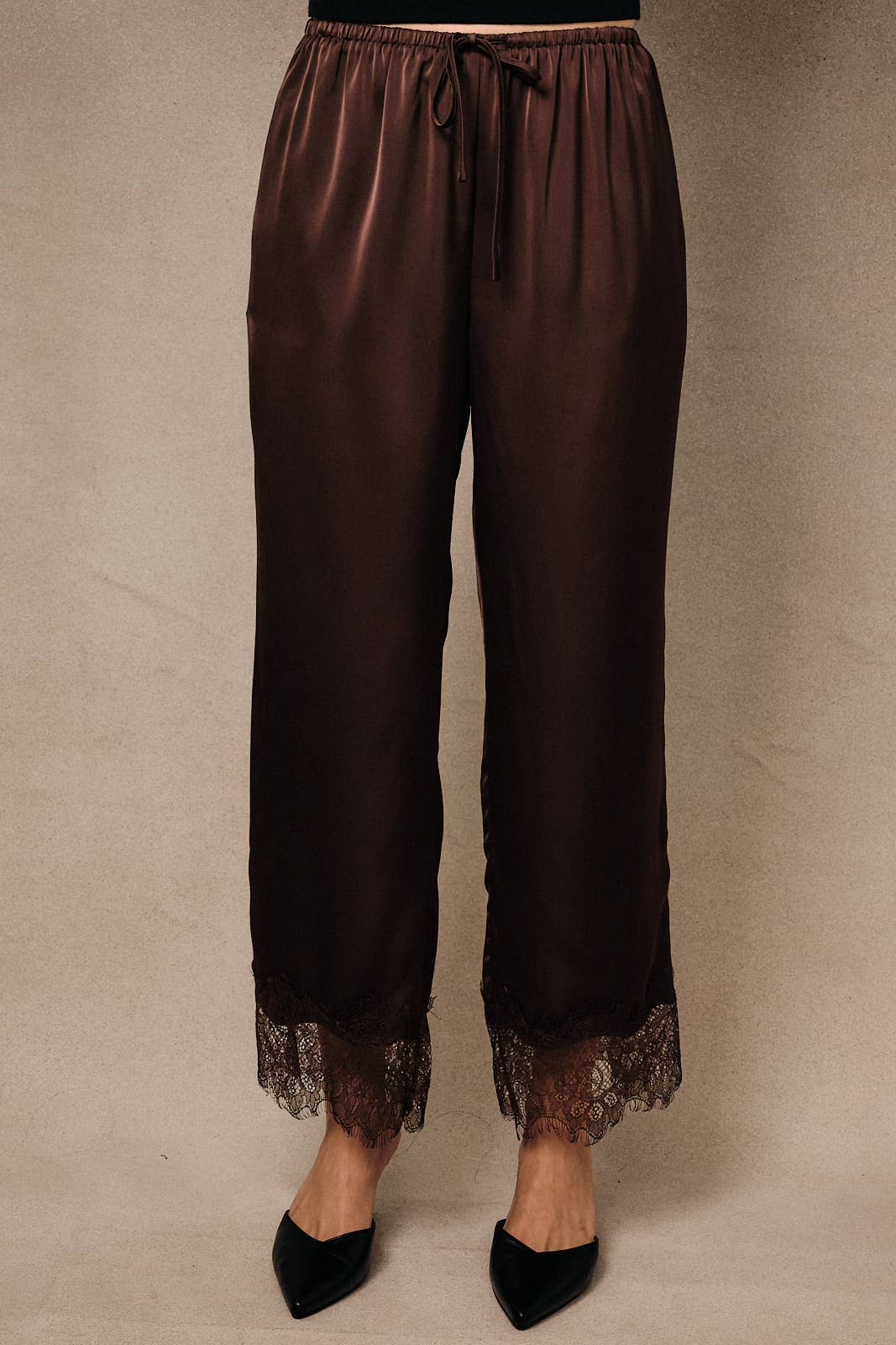 Satin Lace Trim Wide Leg Pants