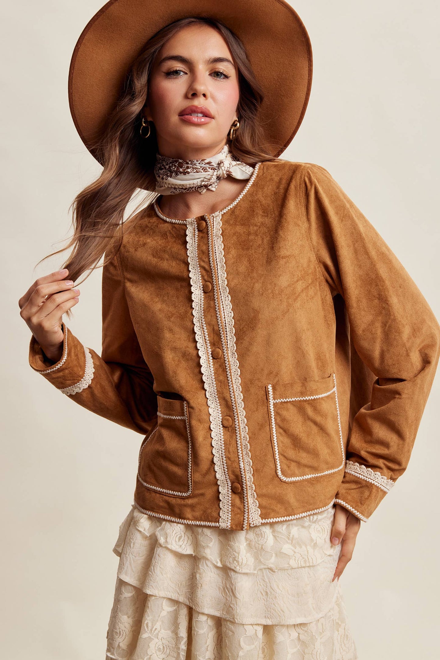 Scallop Trim Faux Suede Jacket