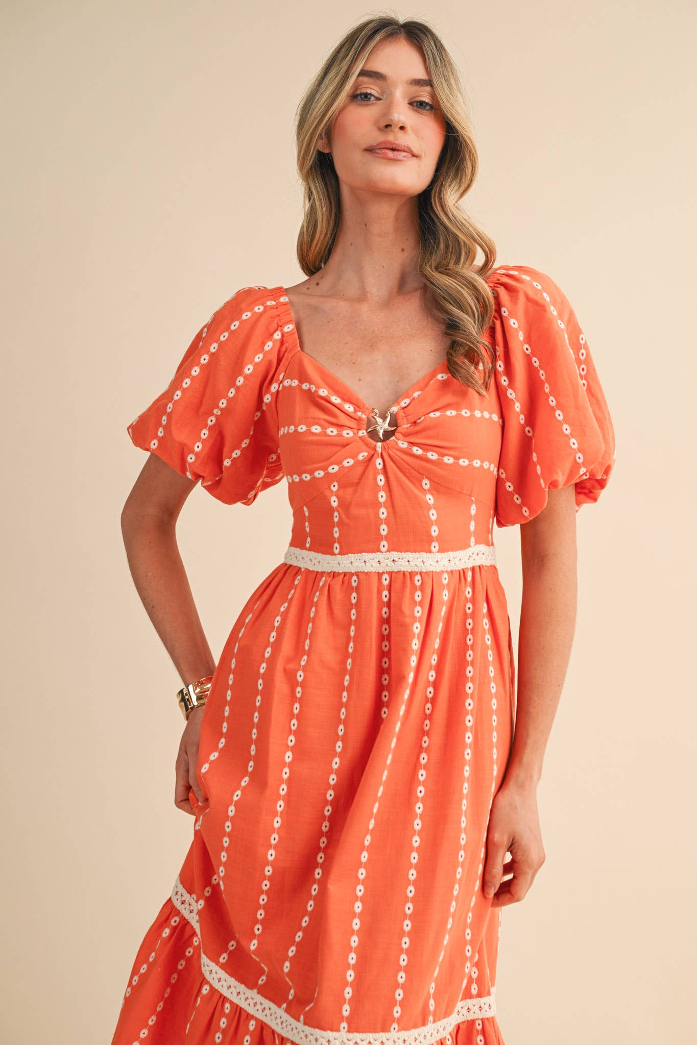 Embroidered Eyelet Seashell Hem Midi Dress