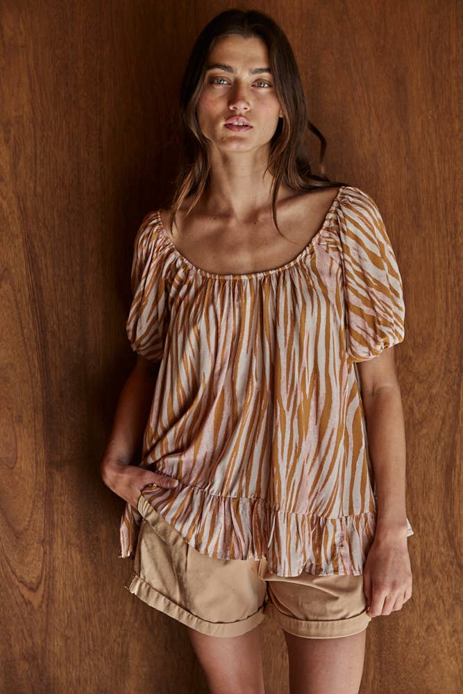 Animal Print Square Neck Ruffle Top